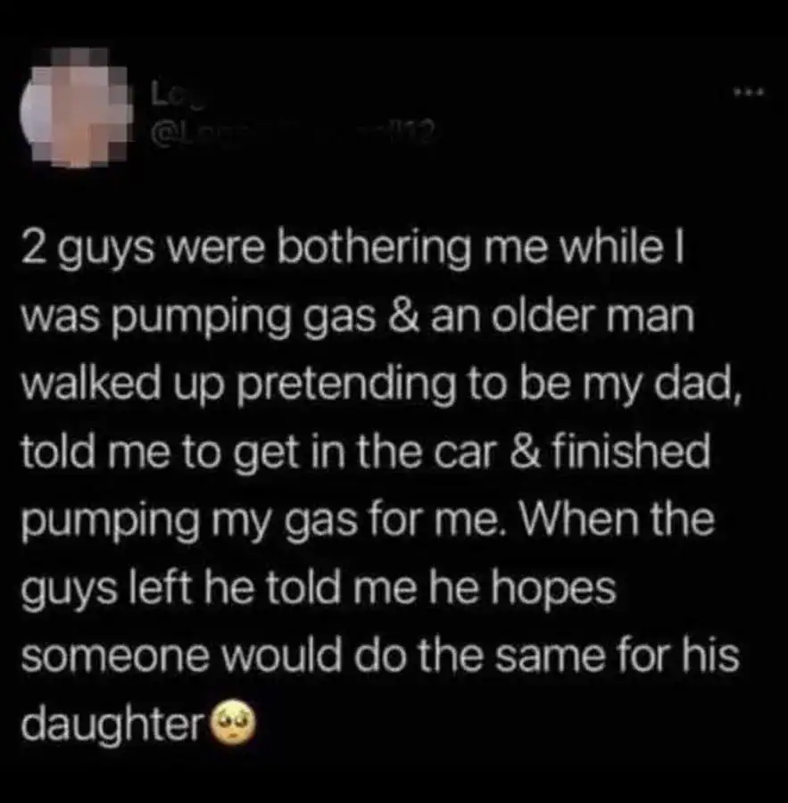 Humorous meme of an older man pretending to be a dad while pumping gas.