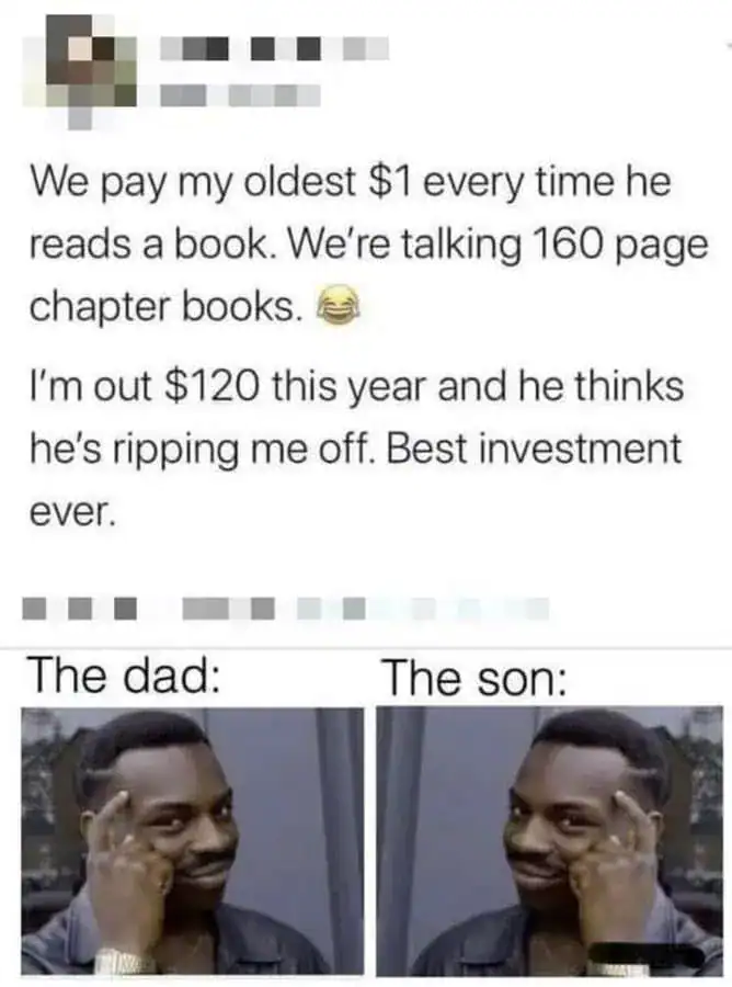 Funny meme about paying for books and family humor, featuring a humorous dad and son image.