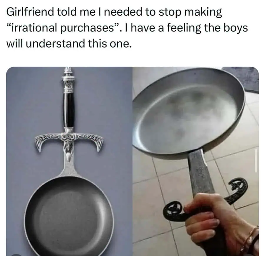 Humorous image of a sword-shaped pan and a regular frying pan for comedic effect.
