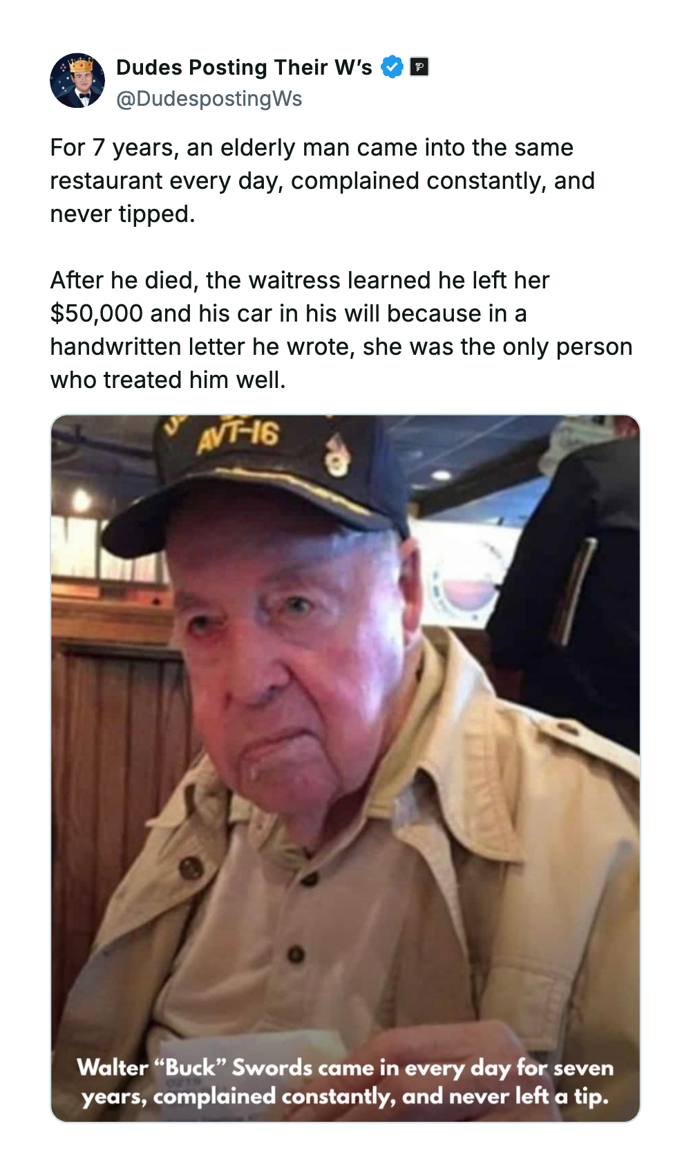 Elderly man in uniform at restaurant, reminiscing about his service years.