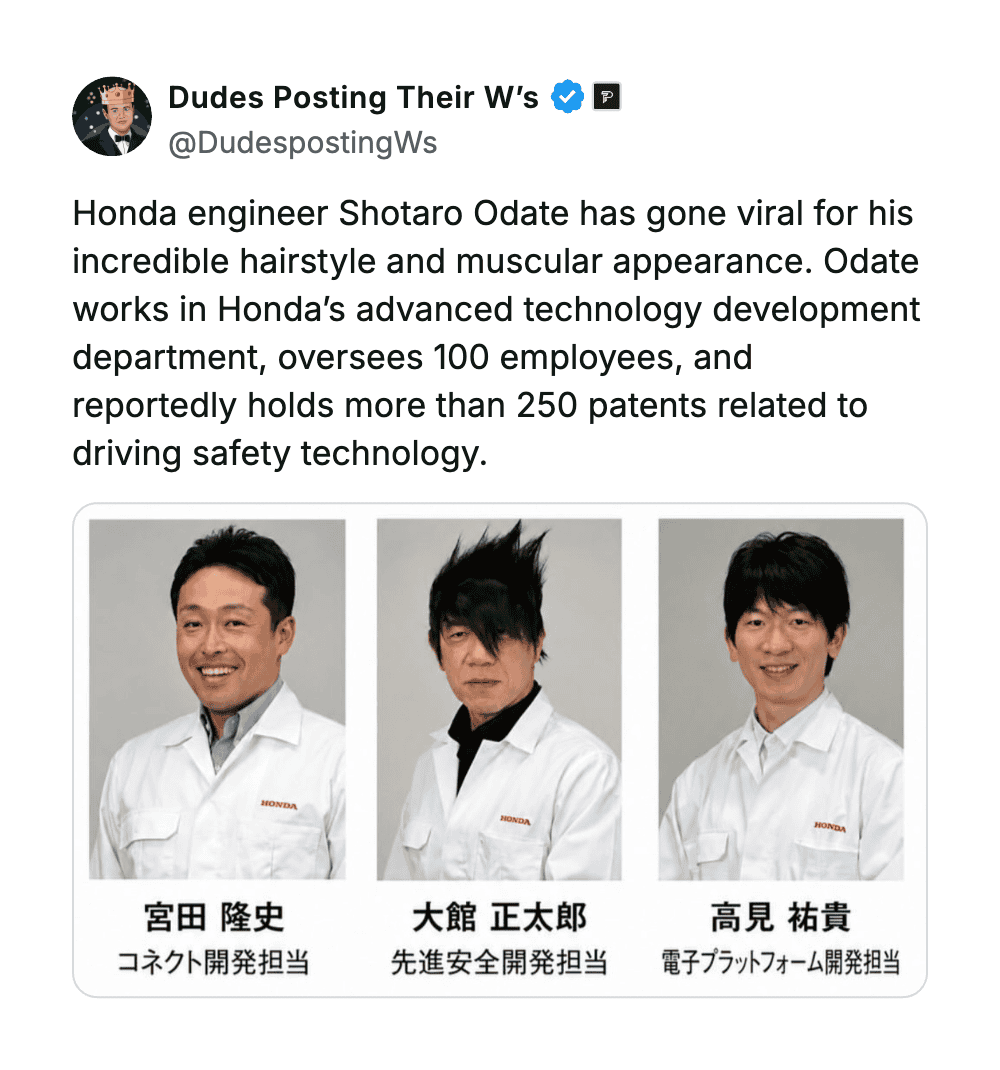 Honda engineer Shotaro Odate with distinctive hairstyle and professional attire, showcasing his inno.