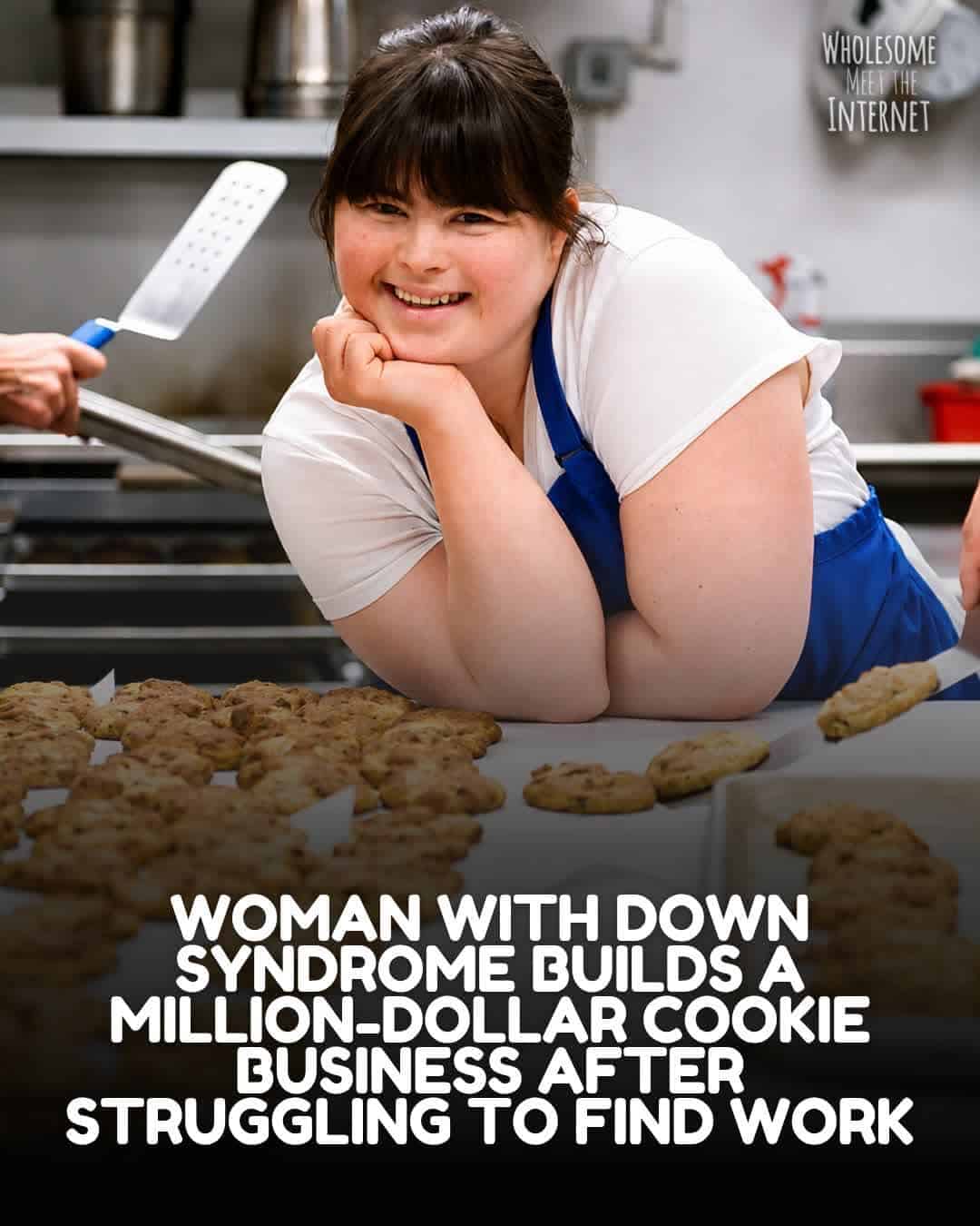 Woman with Down syndrome baking cookies in a kitchen.