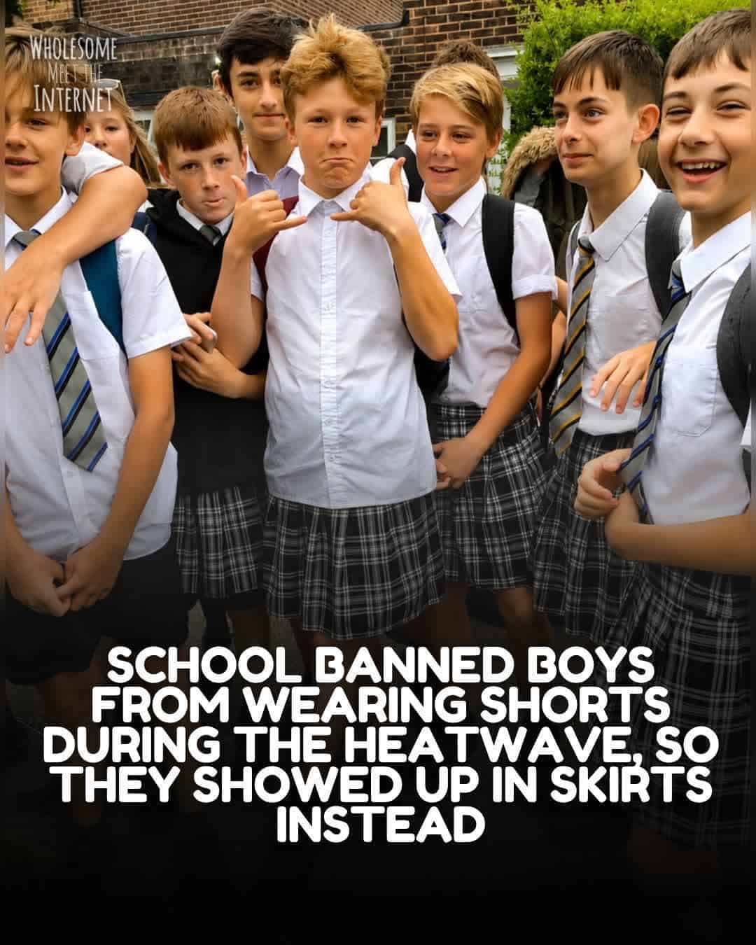 Group of school boys in skirts due to heatwave, wearing shirts and backpacks.