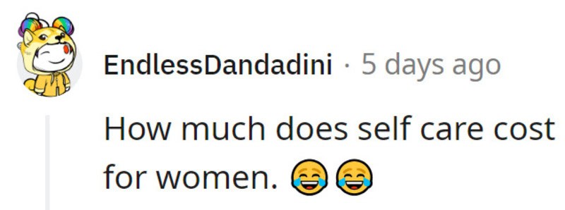 Self-care cost for women with laughing emojis, question about expenses.