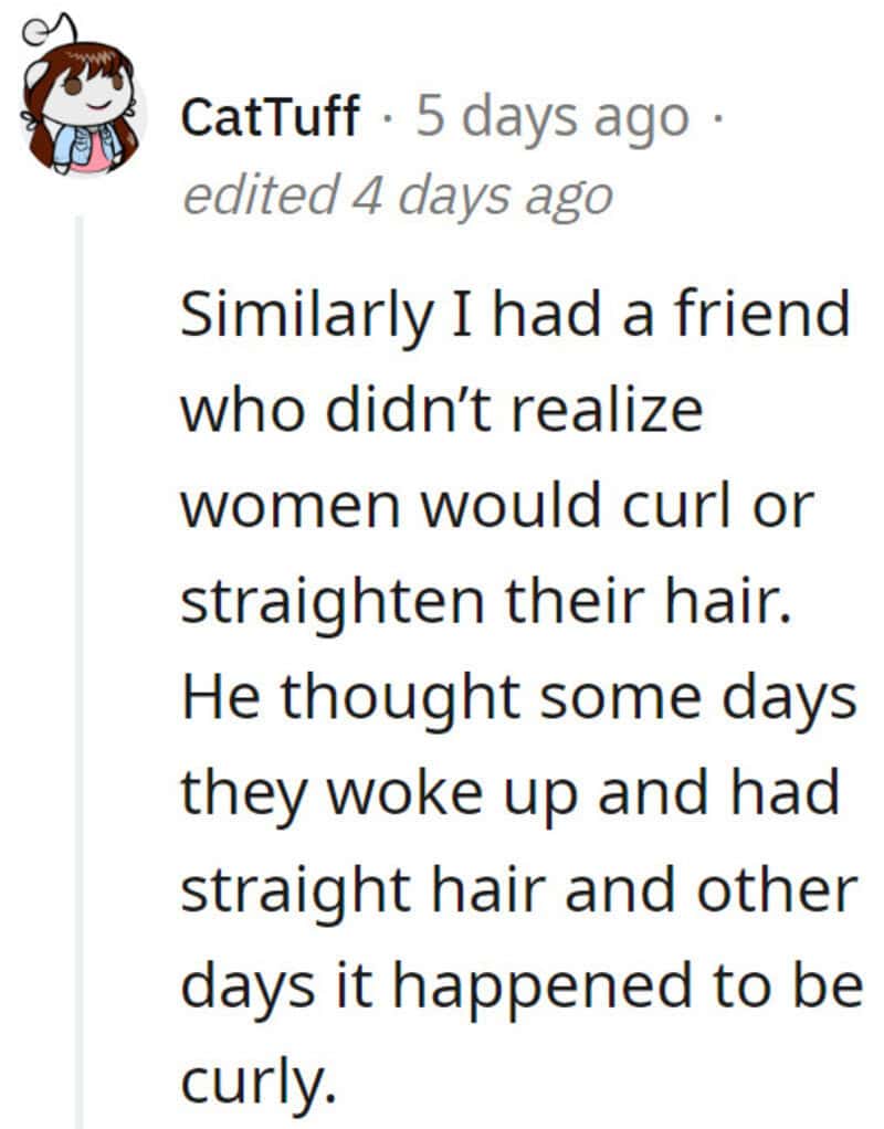 A woman with curly hair and straight hair, text from a social media post.