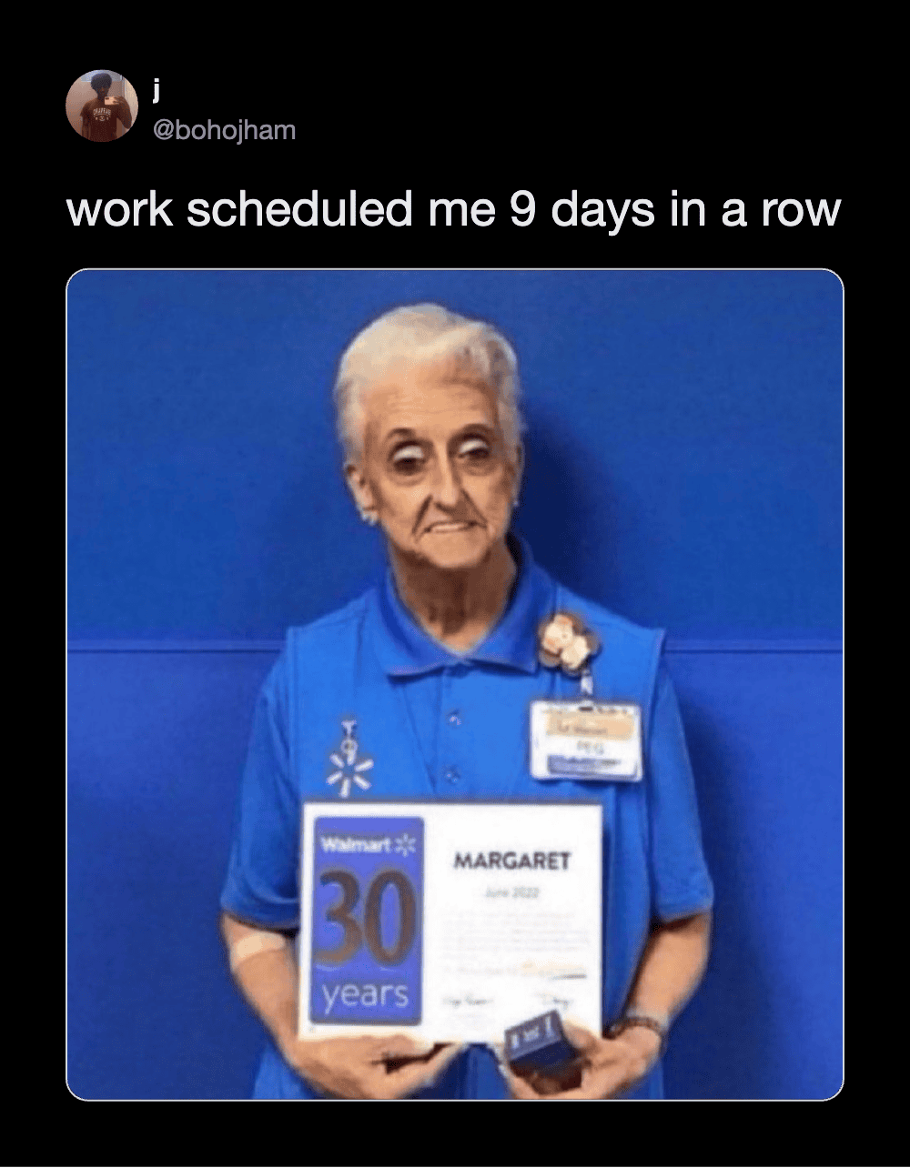 Elderly woman holding Walmart employee recognition plaque, humorous work meme.