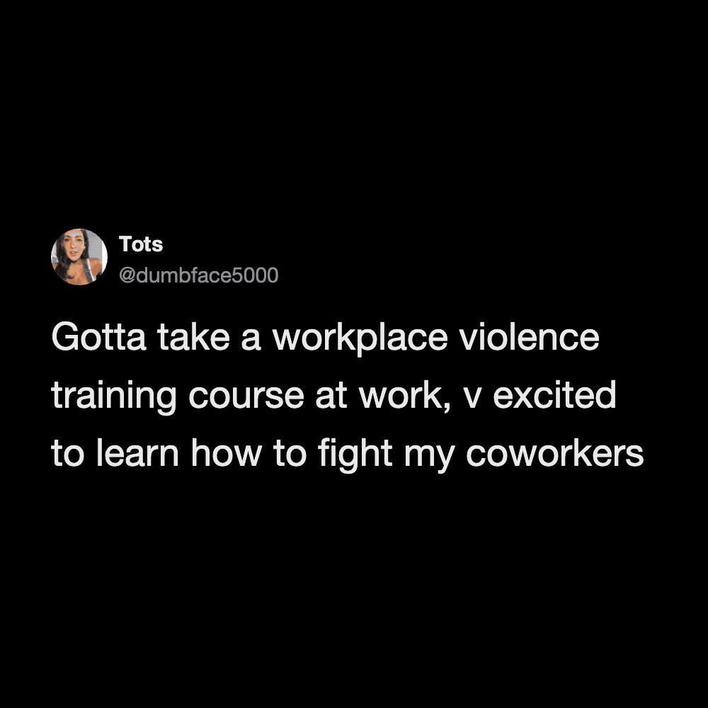 Humorous meme about workplace violence training and coworker conflicts.