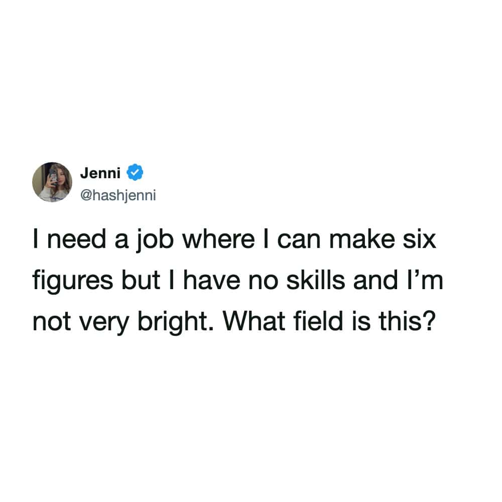 Six-figure job inquiry from Jenni asking about her skills and brightness.