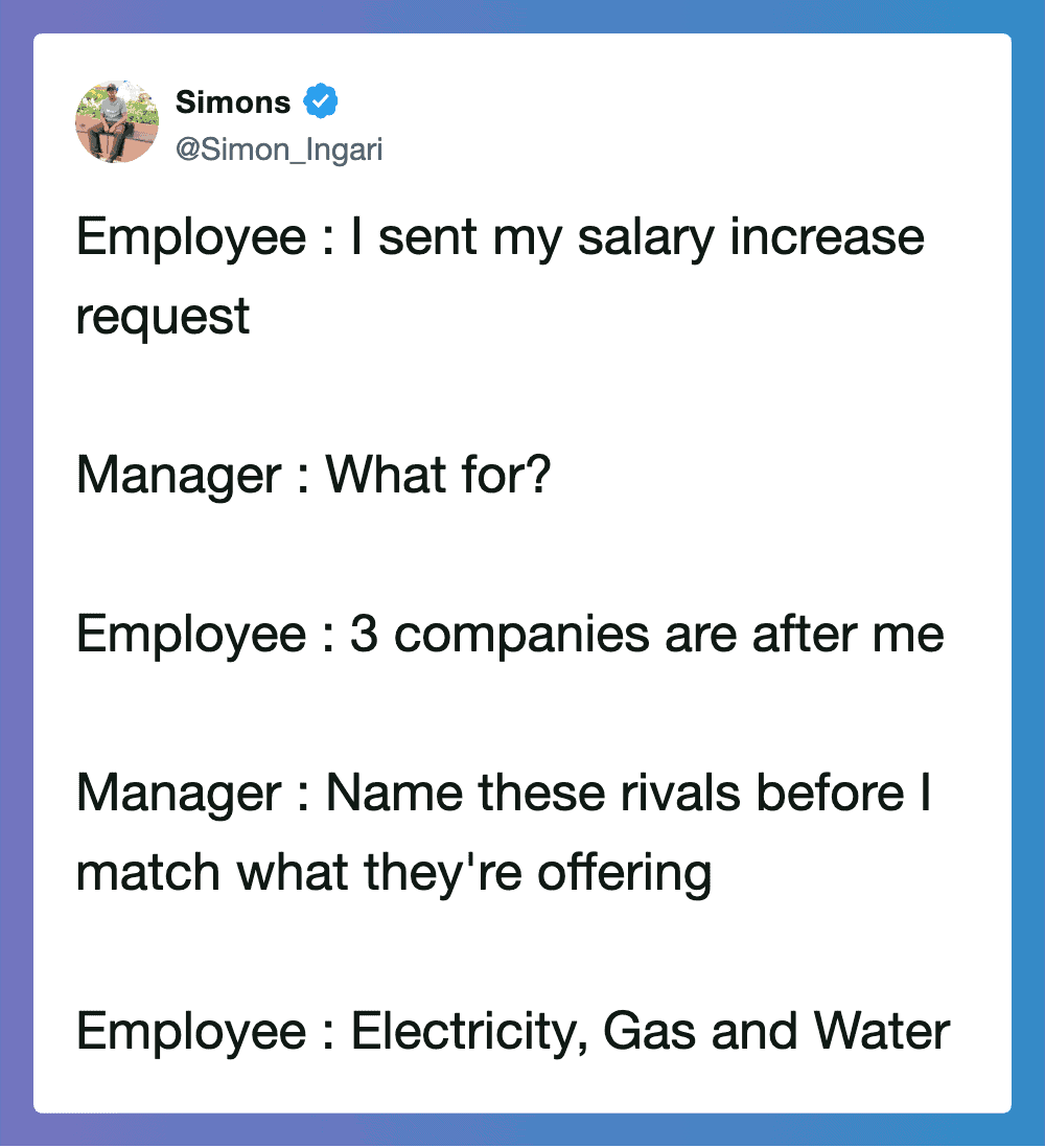 Employee requesting salary increase, manager asking why, rivals named, and employee listing utilitie.