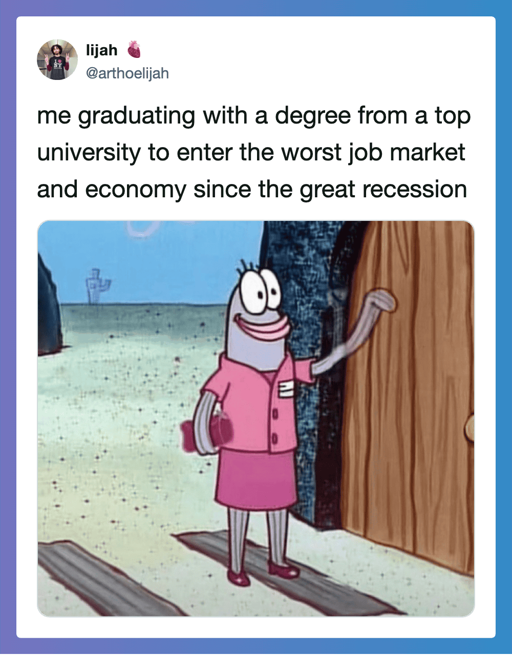 Graduating character from SpongeBob SquarePants with a pink dress and a degree in hand.