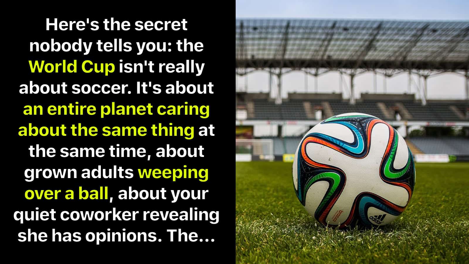 Soccer ball on field with stadium in background, part of World Cup discussion.