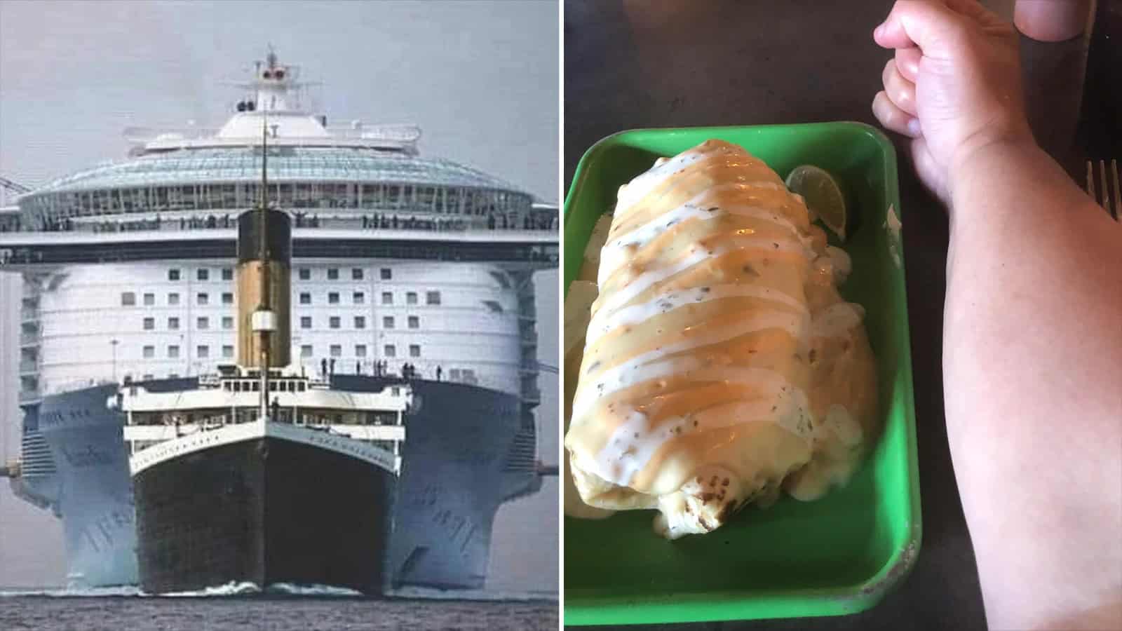 Comparison of a cruise ship and a person's arm with ice cream.