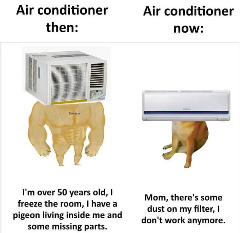 Humorous meme comparing old and new air conditioners with a dog and a muscular person.