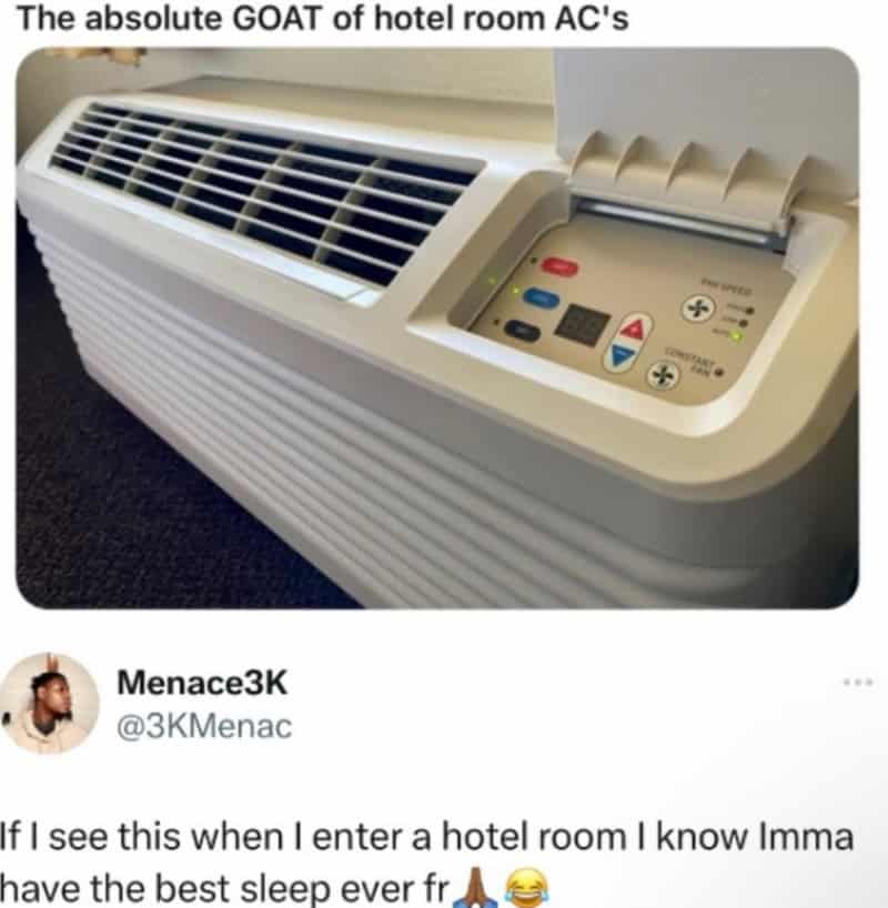 Hotel room AC with digital controls and vents, captioned 'The absolute GOAT of hotel room AC's'.