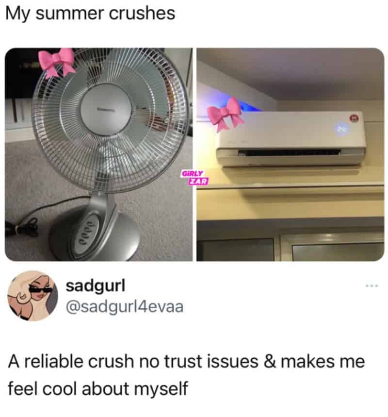 Fan and air conditioner with pink bows, captioned 'My summer crushes'.