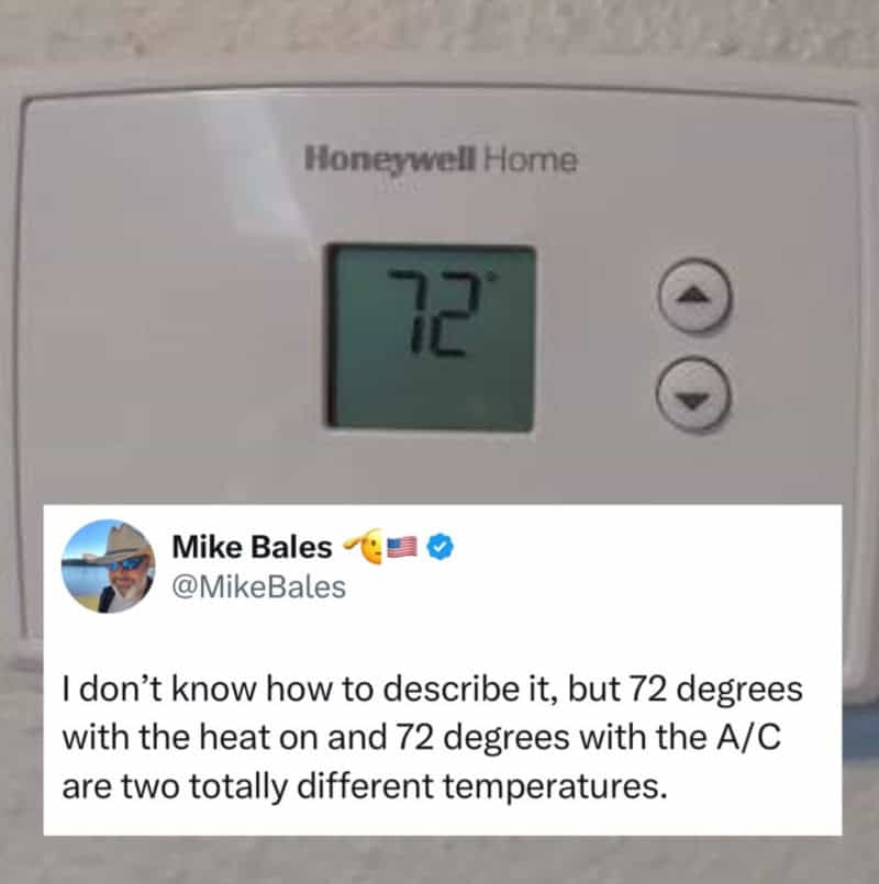 Honeywell Home thermostat showing 72 degrees, with a tweet about temperature differences.