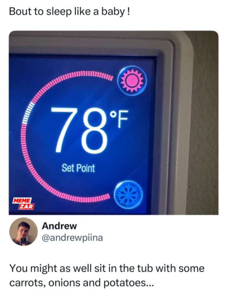 Thermostat showing 78°F with a sun and snowflake icon, captioned 'Bout to sleep like a baby!'.