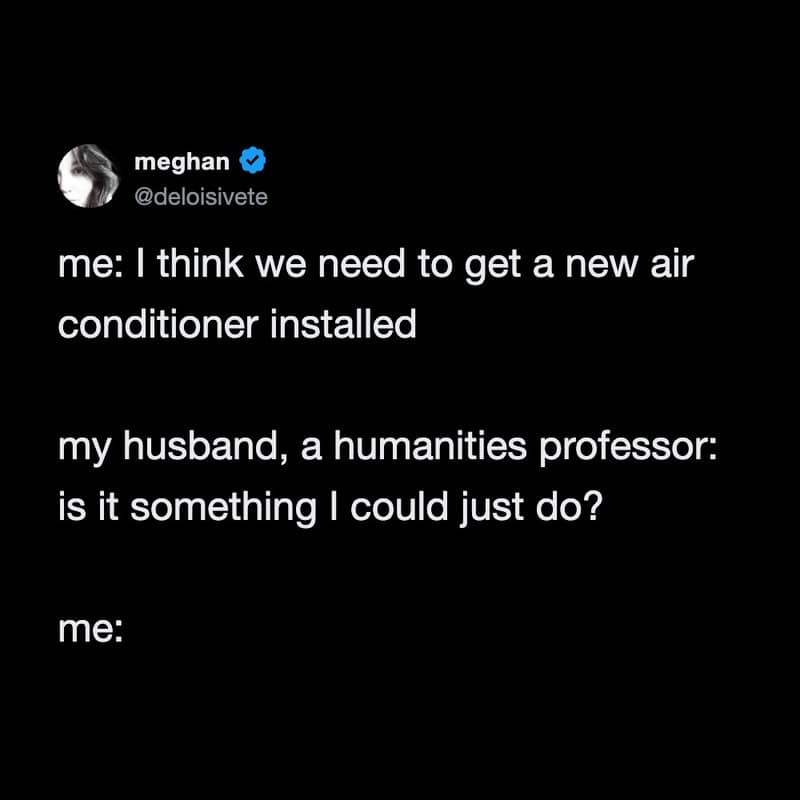 A meme with text about needing a new air conditioner and asking a humanities professor for advice.