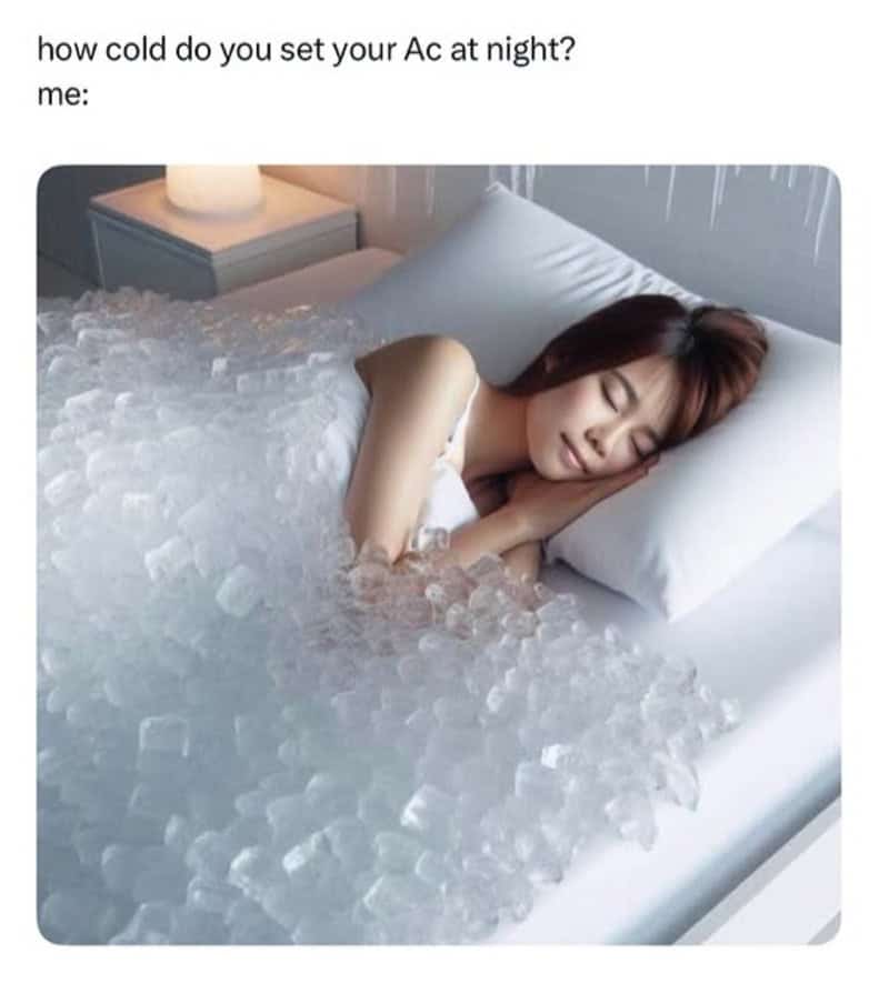 Woman sleeping in bed with ice cubes, cold setting joke for AC.