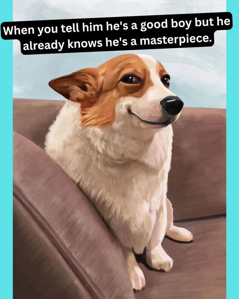 Dog with a smirk and a caption about knowing he's a masterpiece.