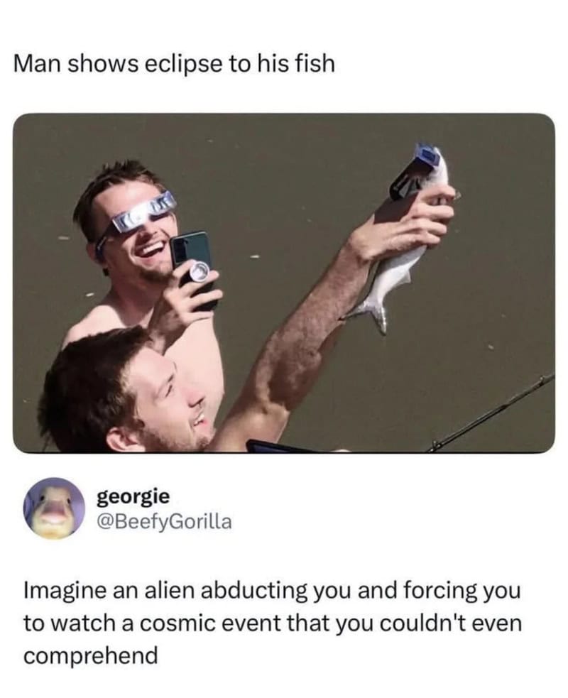 Man shows eclipse to his fish, holding a fish and a phone.