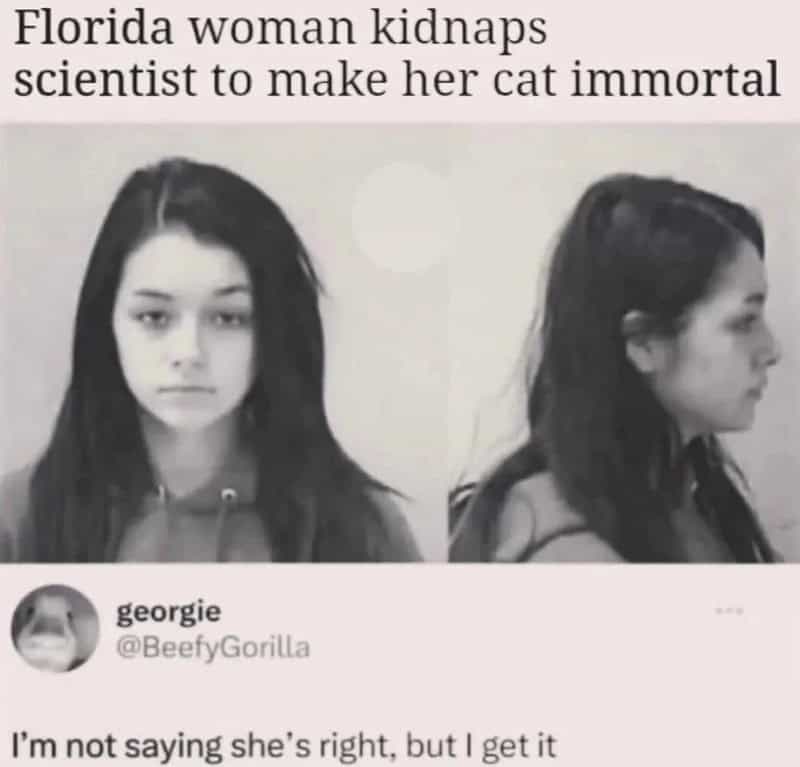 Florida woman kidnaps scientist to make her cat immortal meme.