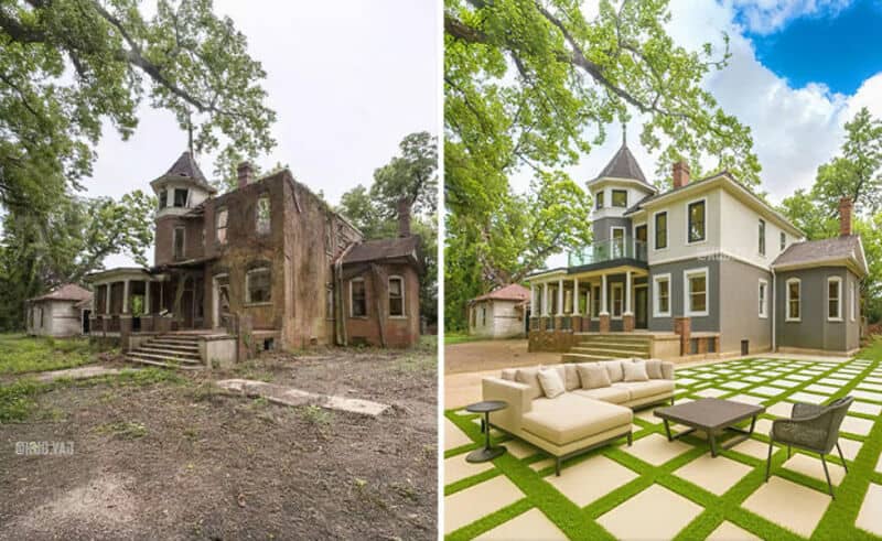 Old abandoned house before renovation, with overgrown yard and broken windows.