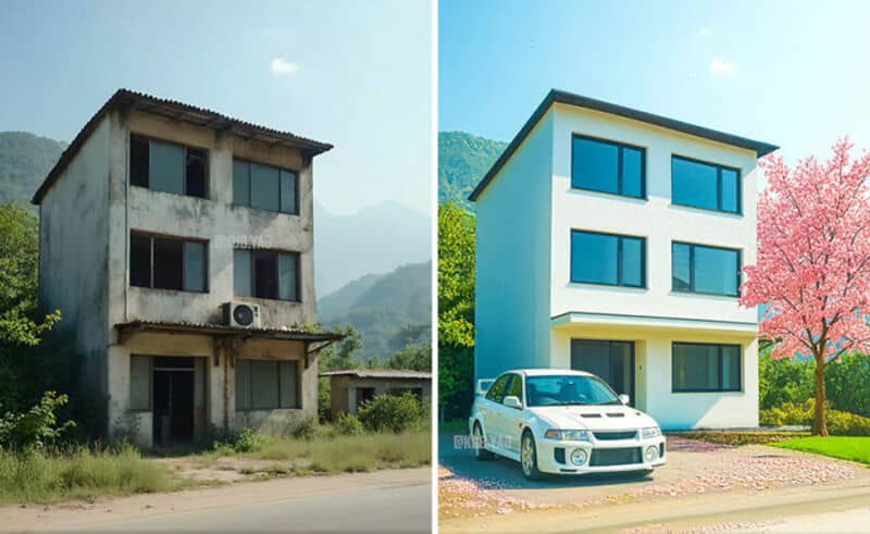Before and after renovation of a three-story house with a car in front.