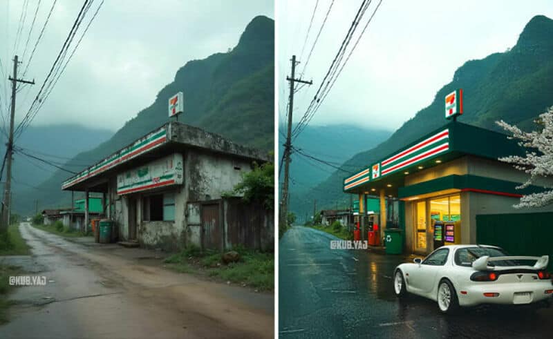 Abandoned building before and renovated 7-Eleven store with a white sports car in front, mountain ba.