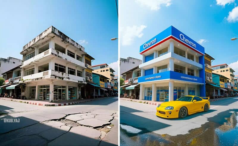 Old and renovated building with Chevron store, yellow car in front, sunny day.