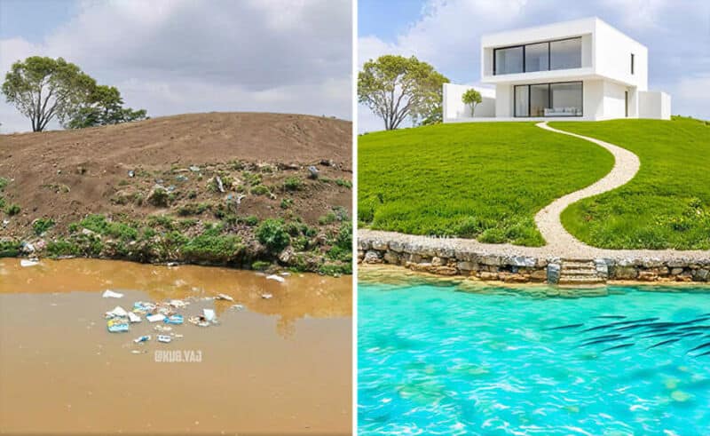 Before and after of a polluted and clean water landscape comparison.