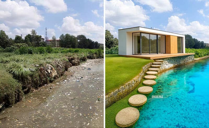 Before and after landscape transformation with modern house by pool.