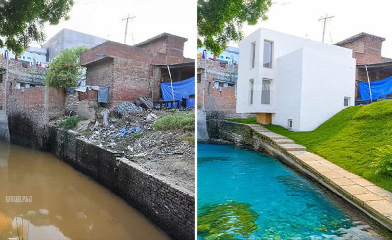 Before and after of a house renovation with a pool transformation.