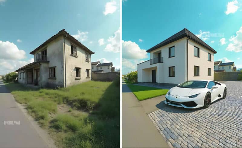 Old house before renovation, overgrown grass, and a modern renovated house with a luxury car in fron.