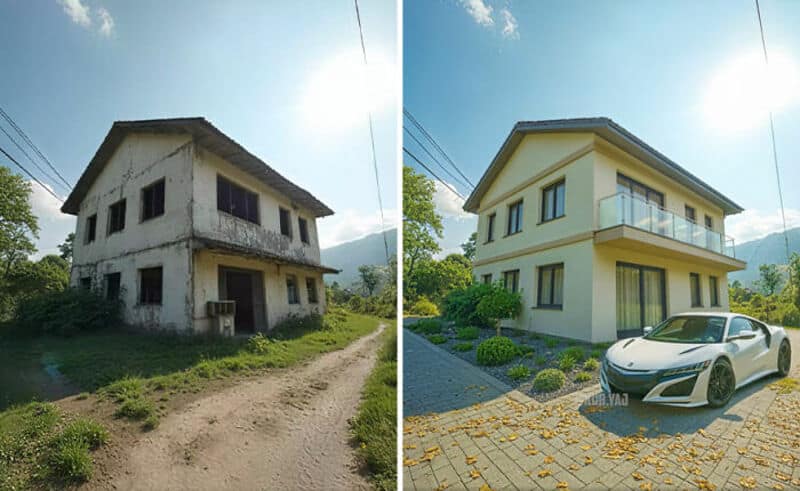 Before and after house renovation, modern house with car in driveway.