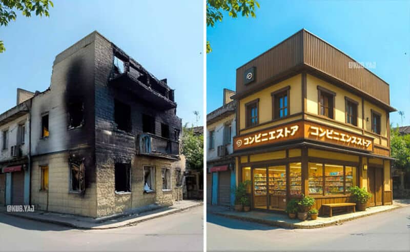 Burned building on the left, newly renovated store on the right.