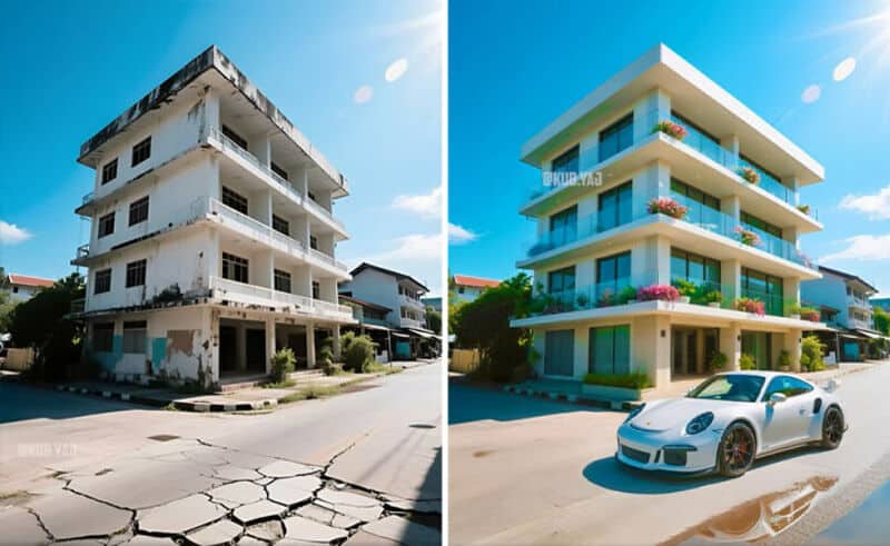 Before and after renovation of a four-story building with a white sports car in front.