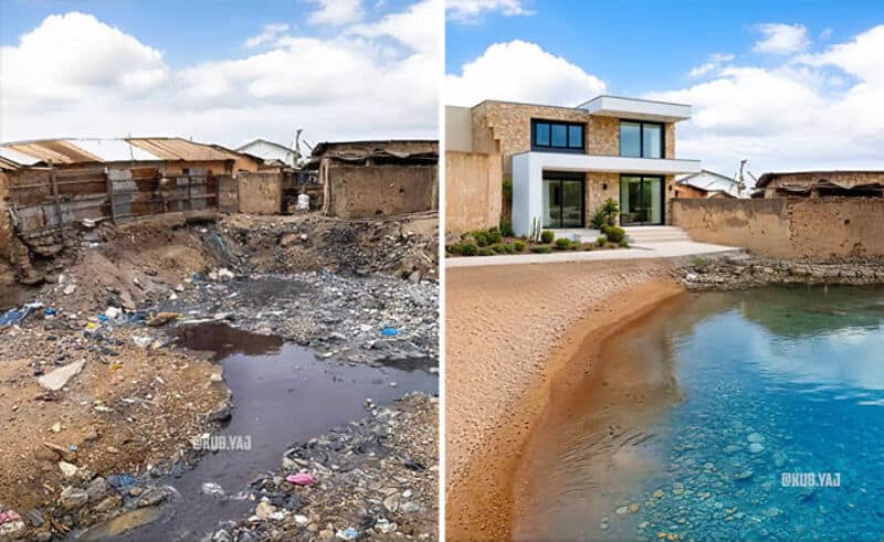 Before and after of a construction site transformation into a modern house with beach.