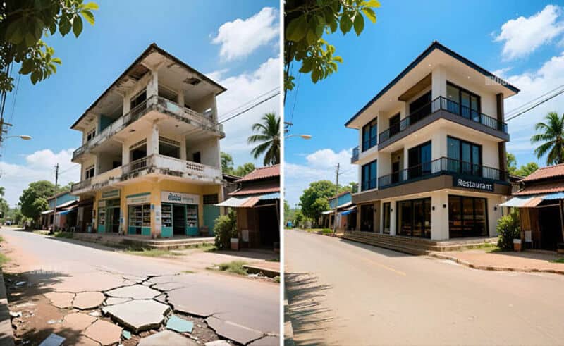 Old and new building comparison, showing renovation progress.