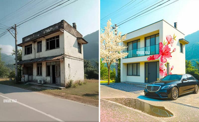 Dilapidated house before renovation, then modernized with colorful floral mural and luxury car.