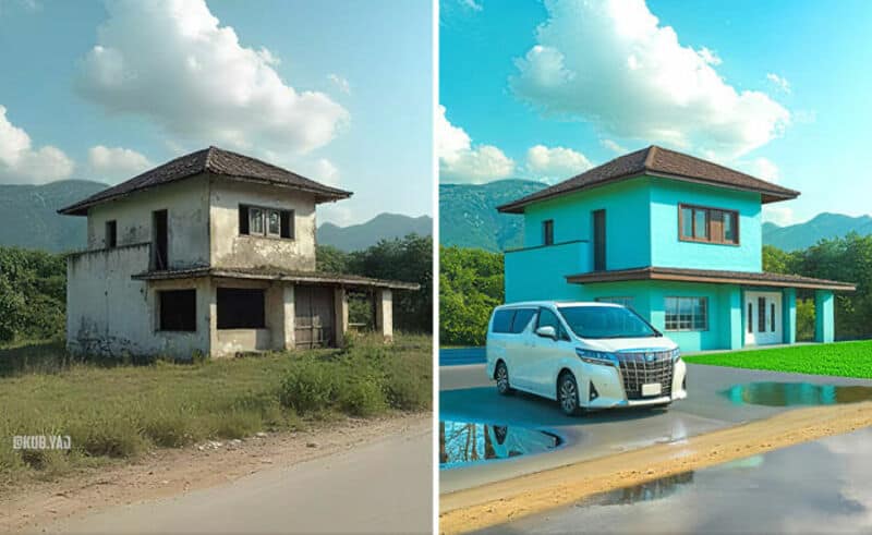 Old and renovated house side by side, showing transformation.