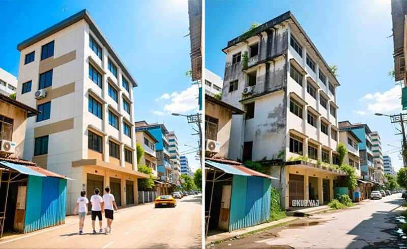 Building with damaged exterior walls in an urban area under clear blue sky.