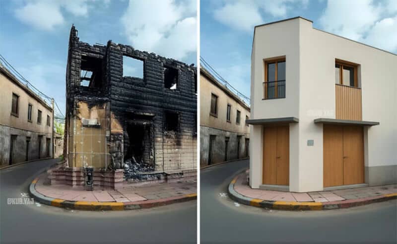 Burned building before and after renovation, showing transformation from fire damage to restored str.