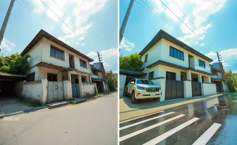 Before and after renovation of a two-story house with a car parked outside.