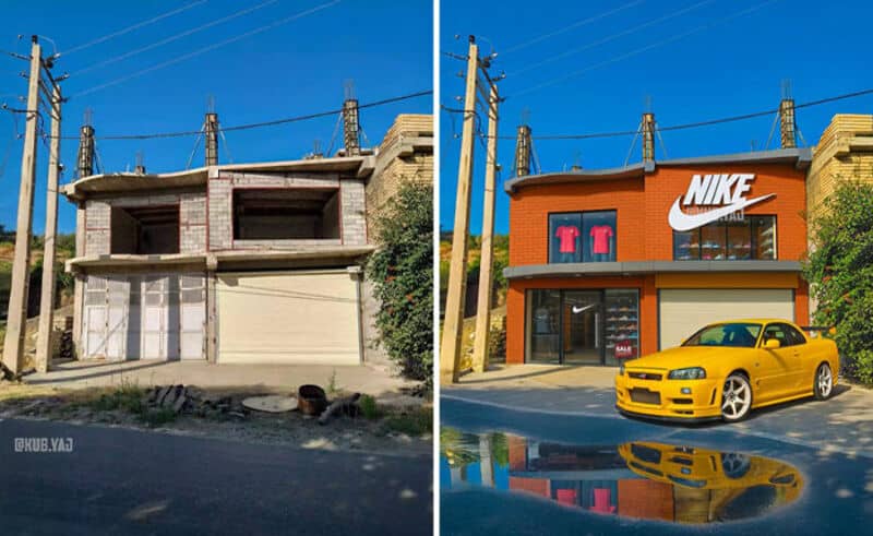Before and after of a building transformed into a Nike store with a yellow car outside.