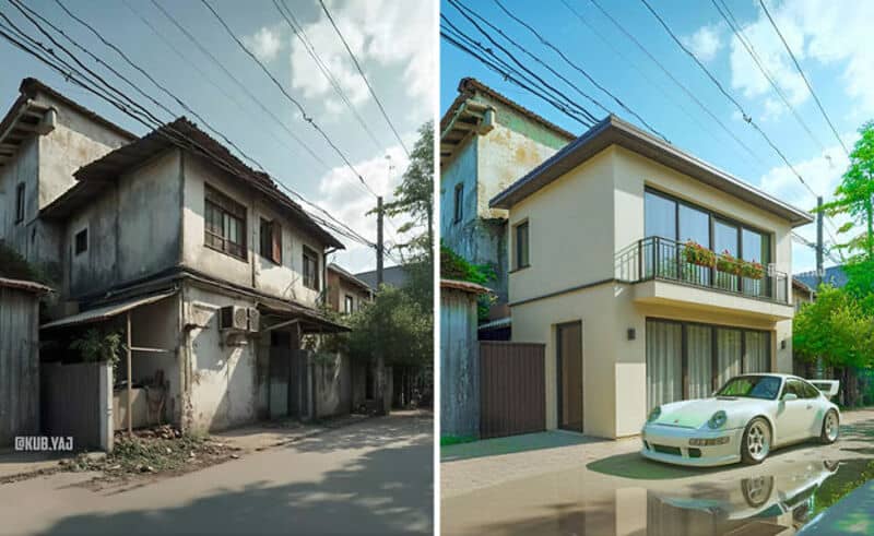 Before and after renovation of a two-story house with a balcony and garage.