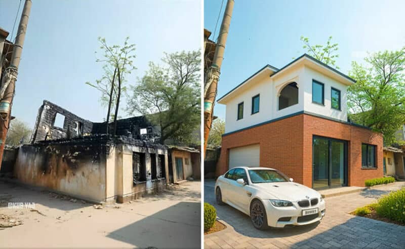 Before and after of a house renovation showing burnt remains and a new modern home.