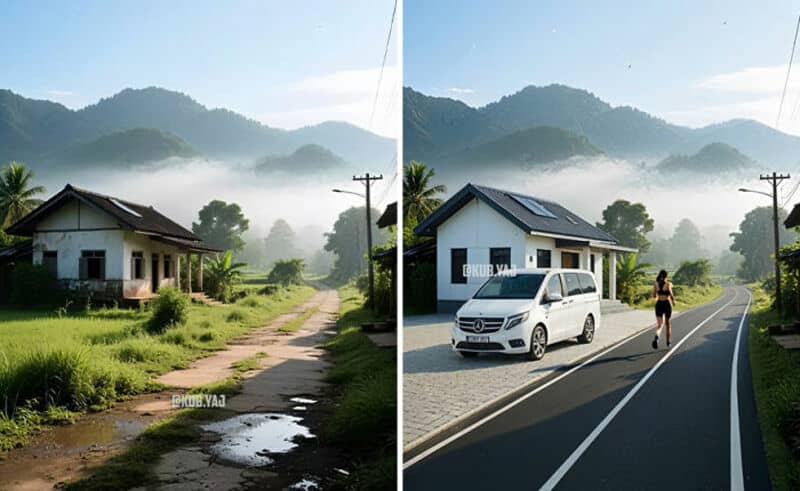 Old rural house and dirt road, then modern house with paved road and car, mountain background.