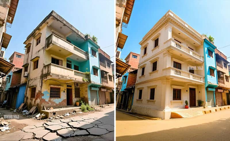 Before and after renovation of a three-story building in an urban area.