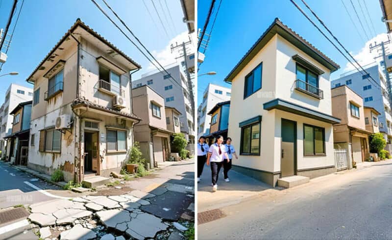 Before and after renovation of a small two-story house in an urban neighborhood.